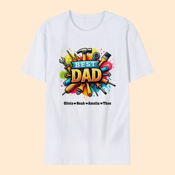 Personalised Best Dad Repair Tool Design 100% Cotton T-shirt with 1-8 Kid Names Father's Day Birthday Gift for Dad Grandpa