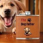 Personalised The Dog Cat Father Food-Grade Stainless Steel 6oz Whiskey Flask with Leather Cover and Name Father's Day Gift for Dad Pet Lover