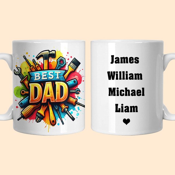 Personalised Best Dad Repair Tool Design Ceramic Mug with 1-8 Kid Names Father's Day Birthday Gift for Him