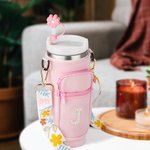 Personlig Pearl Initial vannflaskeholderpose Veske for 40oz Stanley Tumbler med justerbar stropp og halm toppers Bursdagsgave til henne