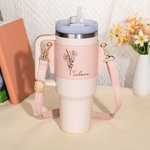 Sac de Bouteille avec Sangle Réglable Personnalisé avec Fleur de Naissance et Nom Manchon Bouteille 40oz Tumbler Cadeau d'Anniversaire pour Elle
