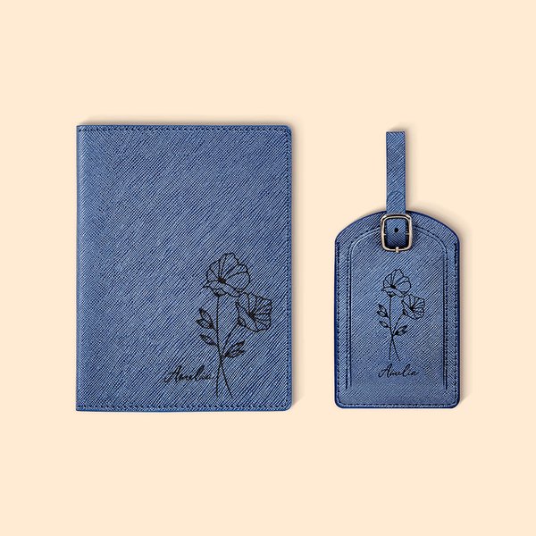 Nacimiento personalizado flor de cuero pasaporte titular y etiqueta de equipaje con el nombre de regalo de cumpleaños para los amantes de los viajes A