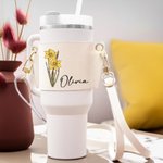Sac de Bouteille avec Sangle Réglable Personnalisé avec Fleur de Naissance et Nom Manchon Bouteille 40oz Tumbler Cadeau d'Anniversaire pour Elle