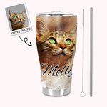 Gobelet Personnalisé avec Photo Animal Aquarelle et Prénom Gobelet avec Couvercle Étanche Paille Cadeau Anniversaire pour Amoureux Animal de Compagnie