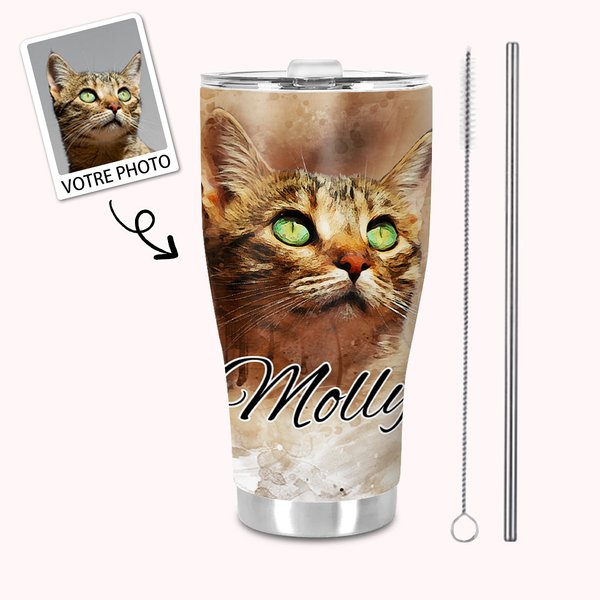 Gobelet Personnalisé avec Photo Animal Aquarelle et Prénom Gobelet avec Couvercle Étanche Paille Cadeau Anniversaire pour Amoureux Animal de Compagnie