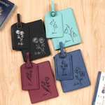 Personalized Birth Flower Leather Passport Holder and Luggage Tag with Name Birthday Gift for Travel Lovers Friends