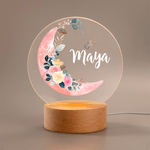 Personalisierte Mond florale Muster Kinderzimmer LED-Nachtlicht mit hölzernen Basis Name Kinderzimmer Dekoration Baby-Dusche Geburtstag Geschenk für Kind