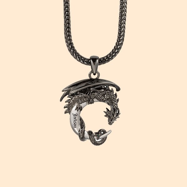 Personalised Medieval Gothic Moon Dragon Name Necklace with Foxtail Chain Father’s Day Birthday Gift for Men