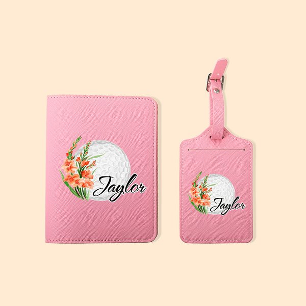 Personalized Golf Theme Watercolor Birth Flower Leather Passport Holder Luggage Tag Set with Name Travel Accessories Birthday Gift for Golf Lovers