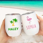 Spersonalizowany kubek na wino Fruits Flamingo Palm Flower Summer Theme 12oz z imieniem i nazwiskiem Prezent na wieczór panieński i kawalerski dla niej
