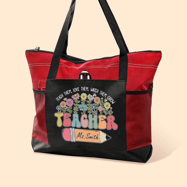 Personalisierte Teach Them Love Them Watch Them Grow Canvas Tote Bag mit Namen und Wildflower Pencil Design Teacher's Day Appreciation Geschenk für Lehrer