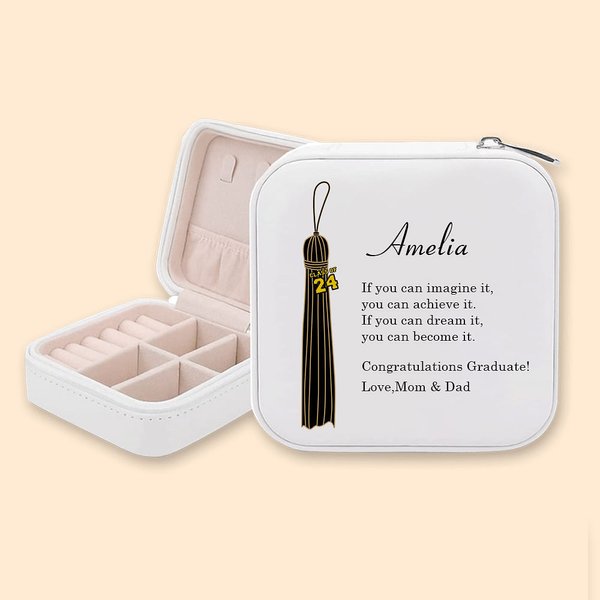 Boîte à Bijoux en Cuir Personnalisée avec Nom et Message de Souhaits Accessoire de Voyage Portable Cadeau de Fin d'Études pour les Diplômés