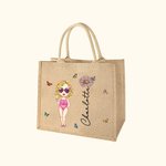 Personalizzato Cartoon Ragazza Donne Nascita Fiore Juta Tote Bag con Nome Compleanno Anniversario Regalo per Lei