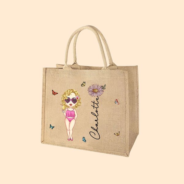 Personalisierte Cartoon-Figur Jute Tragetasche mit Geburtsblume und Namen Tote Bag Hochzeit Geburtstag Geschenk für Mädchen Damen