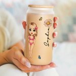 Gepersonaliseerde Geboortebloem Cartoon Beach Girl 20oz Frosted Glass Cup met naam Beach Party Favor Verjaardagscadeau voor haar