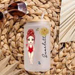 Gepersonaliseerde Geboortebloem Cartoon Beach Girl 20oz Frosted Glass Cup met naam Beach Party Favor Verjaardagscadeau voor haar