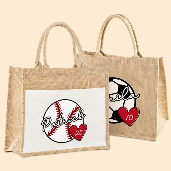 Personalizada de gran capacidad Baloncesto Fútbol Golf Animar Megáfono Bolsa de yute con nombre y número Cumpleaños Día del partido Deporte Regalo para ella