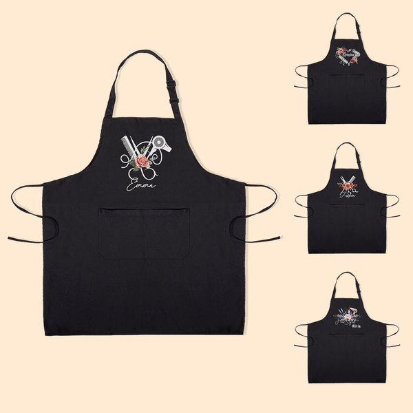 Tablier de Salon de Coiffure Personnalisé avec Nom Brodé Motif Fleurs et Outils de Coiffure Tablier Imperméable Cadeau Anniversaire pour Coiffeur