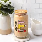 Personalisierte niedliche Graffiti Brief 20oz Glas Becher mit Namen Deckel und Stroh Teacher's Day Anerkennung Geschenk für Lehrer