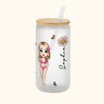 Gepersonaliseerde Geboortebloem Cartoon Beach Girl 20oz Frosted Glass Cup met naam Beach Party Favor Verjaardagscadeau voor haar