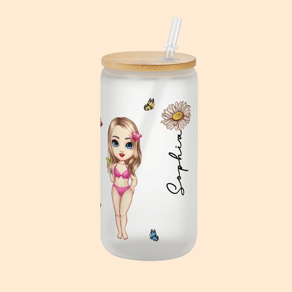 Personalizada Flor de Nacimiento Dibujos animados Chica de Playa 20oz Esmerilado Vaso de Cristal con Nombre Fiesta en la Playa Favorito Regalo de Cump