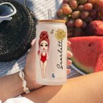 Gepersonaliseerde Geboortebloem Cartoon Beach Girl 20oz Frosted Glass Cup met naam Beach Party Favor Verjaardagscadeau voor haar