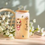 Gepersonaliseerde Geboortebloem Cartoon Beach Girl 20oz Frosted Glass Cup met naam Beach Party Favor Verjaardagscadeau voor haar