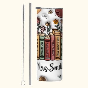 Personalised 3D Effect Flower Book 20oz Skinny Tumbler with Name Lid and Straw Birthday Teacher's Day Gift for Teacher Book Lovers