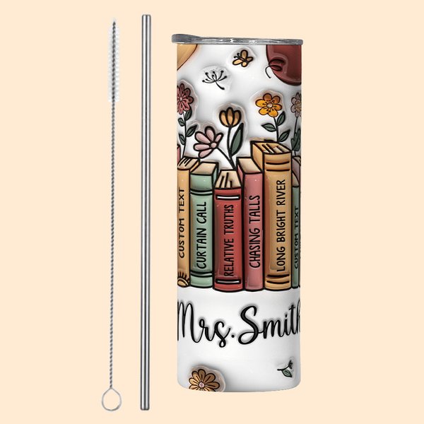 Personalisierte 3D-Effekt Blume Buch 20oz Skinny Becher mit Namen Deckel und Strohhalm Geburtstag Lehrers Tag Geschenk für Lehrer Buchliebhaber