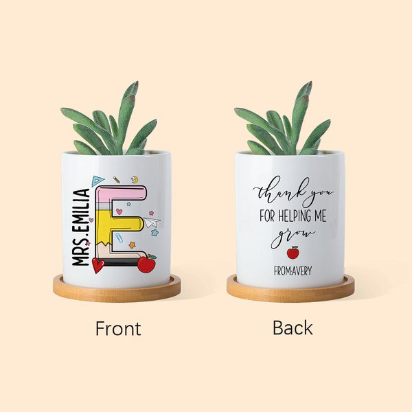 Pot à Plantes en Céramique Personnalisé avec Nom Base en Bambou Cadeau d'Anniversaire pour Professeur