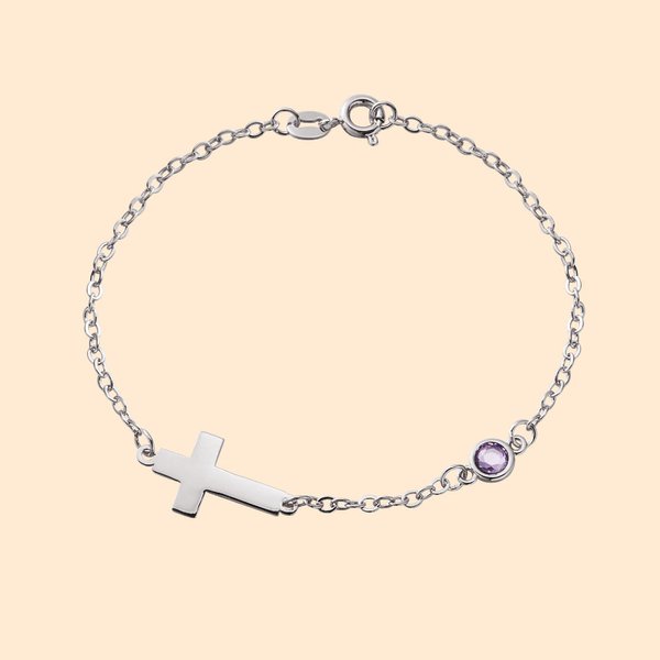 Bracelet à Breloque Croix Personnalisé avec Pierre de Naissance Cadeau Anniversaire Baptême Réligieux pour Femme Chrétienne