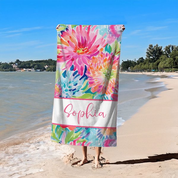 Toalla de playa personalizada de flores de acuarela de secado rápido con nombre Cumpleaños Fiesta de verano en la playa Regalo para mujer