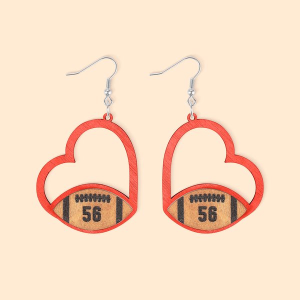 Personalised Wooden Hollow Heart Shaped Football Earrings with Text Game Day Team Gift for Women Girls Football Fans