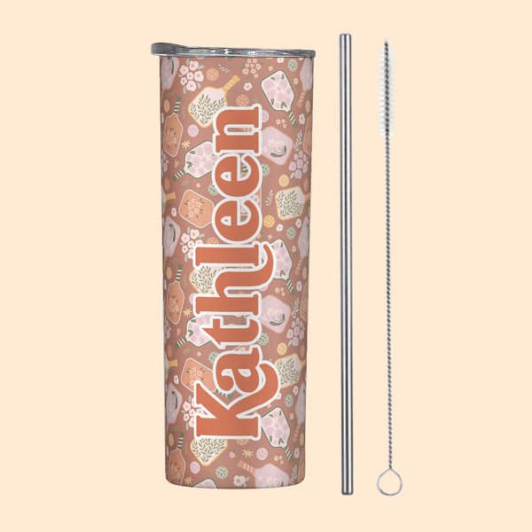 Vaso Personalizado Floral Retro Pickleball Peak Racket 20oz Name Skinny Tumbler con Tapa Pajita y Cepillo Limpiador Regalo de Cumpleaños para Amante del Pickleball