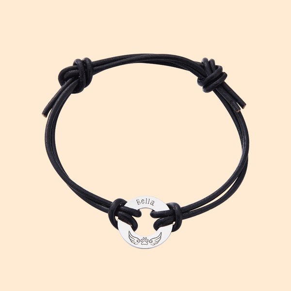 Personalizada Grabado Angel Wings Pet Paw Print Pulsera de cuerda de cuero con nombre Memorial Simpatía Regalo para Pet Lovers
