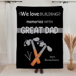 Personalized We Love Building Memories Blanket with Hammer Footprint Father's Day Birthday Gift for Dad Grandpa