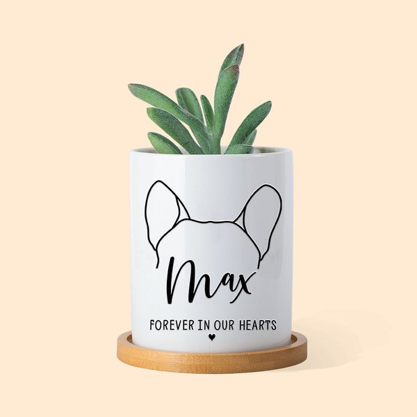 Pot de Fleurs en Céramique Personnalisé avec Nom et Contour des Oreilles de Chien Pot avec Base Bambou Cadeau Commémoratif pour Perte de Chien
