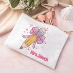 Gepersonaliseerde Coquette Strik Potlood Canvas Make-up tas met naam Terug naar school Waardering Verjaardagscadeau voor leraar