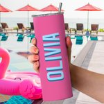 Gepersonaliseerde Multicolor Schaduw Monogram 20oz Naam Skinny Tumbler met rietje en schoonmaakborstel Verjaardagsfeestje Sport Cadeau voor haar