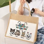 Personalised The Most Purrfect Cat Mom Ever Jute Tote Bag with Front Pocket and 1-6 Cat's Name Birthday Travel Accessory Gift for Cat Lover