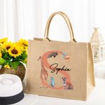 Personalised Jungle Animal Jute Tote Bag with Name and Initial Large Capacity Birthday Baby Shower Gift for Kids
