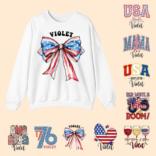 Personlig Röd Vit Blå USA Flagga Bow Heart Letters 4th of July 1776 Sweatshirt med namn Amerikansk självständighetsdag Present till henne