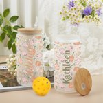 Gepersonaliseerde Retro Flower Pickleball Paddle 20oz Frosted Glass Tumbler met Naam Deksel en Rietje Verjaardag Sport Accessoire Gift voor Pickleball