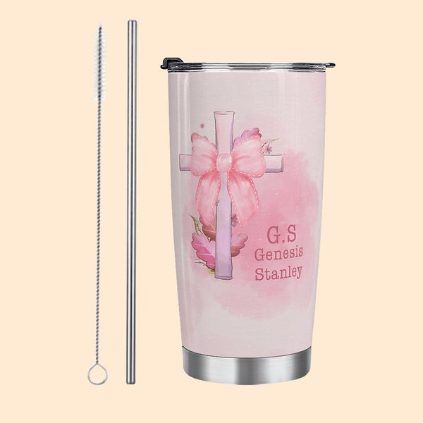 Gobelet Isotherme Personnalisé avec Nom Initiales et Motif Nœud Papillon Coquette Rose Bouteille avec Paille et Brosse Cadeau Anniversaire pour Femme