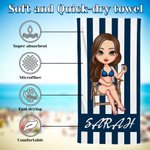 Personalised Quick Dry Super Absorbent Striped Pink and White Fashion Beach Towel with Name Birthday Pool Party Vacation Gift for Her