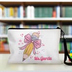 Personalized Cute Coquette Bow Pencil Pouch with Name and Wrist Strap Portable Teacher's Day Back to School Gift for Teacher