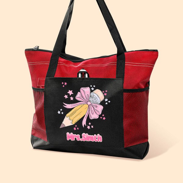 Personalizzato rosa Coquette Bow Pencil Design Tote Bag con nome Accessorio da viaggio di grande capacità Regalo di apprezzamento per la festa dell'insegnante