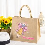 Matita personalizzata Coquette con fiocco rosa Borsa in iuta con nome Grande capacità Regalo di ringraziamento per l'insegnante per il ritorno a scuola