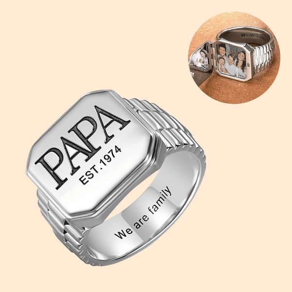 Bague en Forme de Montre Personnalisée avec Photo de Souvenir et Texte Gravé Cadeau Anniversaire Fête des Pères pour Lui Papa