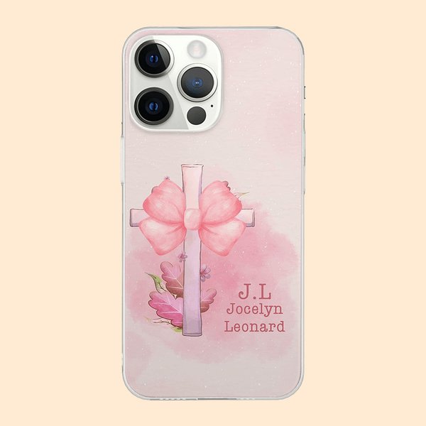 Coquette Coquette rose avec nœud papillon et croix pour iPhone avec nom et initiales Cadeau d'anniversaire pour elle